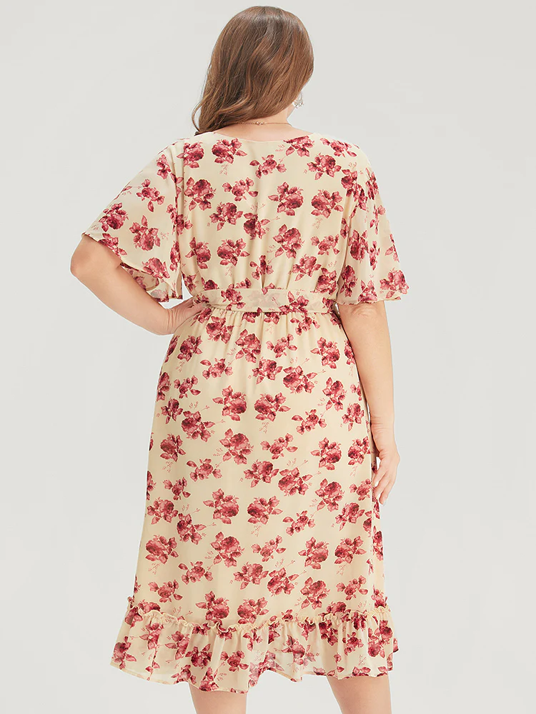Floral Print Pearl Beaded Pocket Belt Ruffle Hem Dress - Image 5