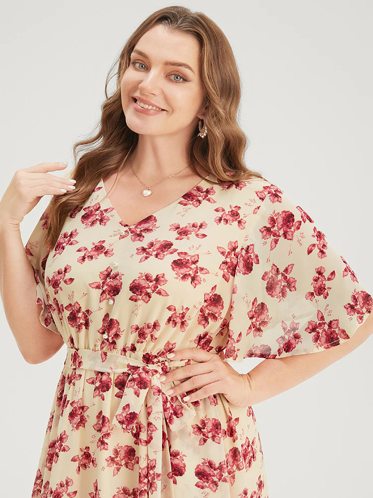 Floral Print Pearl Beaded Pocket Belt Ruffle Hem Dress - Image 6