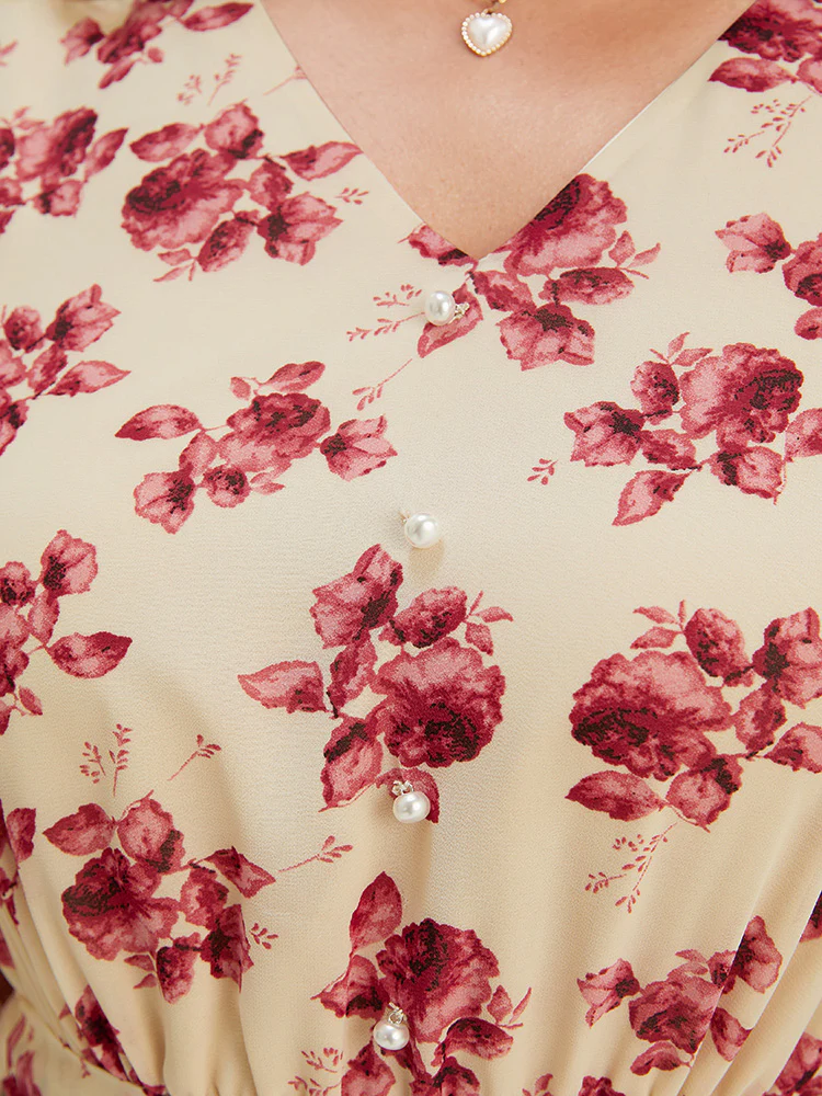 Floral Print Pearl Beaded Pocket Belt Ruffle Hem Dress - Image 7