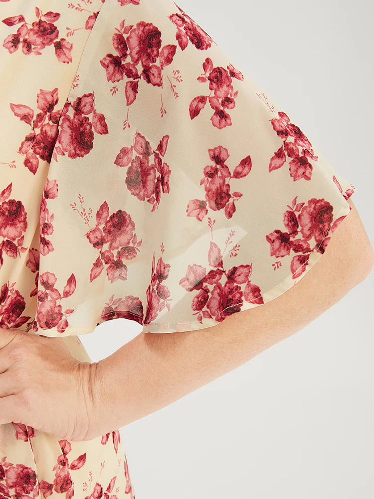 Floral Print Pearl Beaded Pocket Belt Ruffle Hem Dress - Image 8