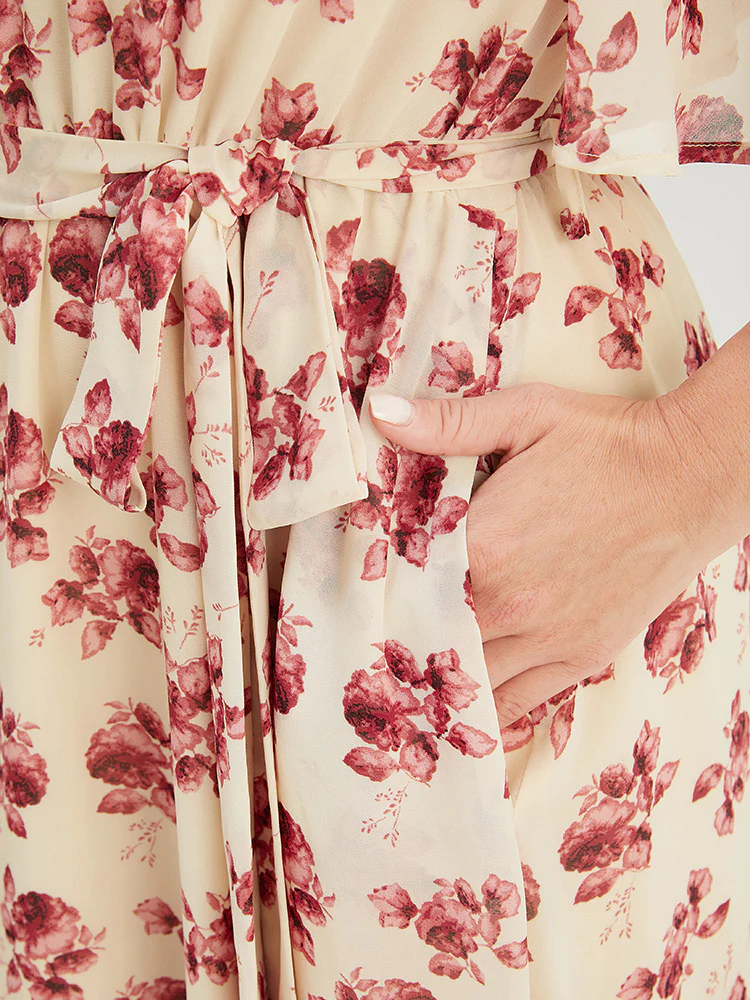 Floral Print Pearl Beaded Pocket Belt Ruffle Hem Dress - Image 9
