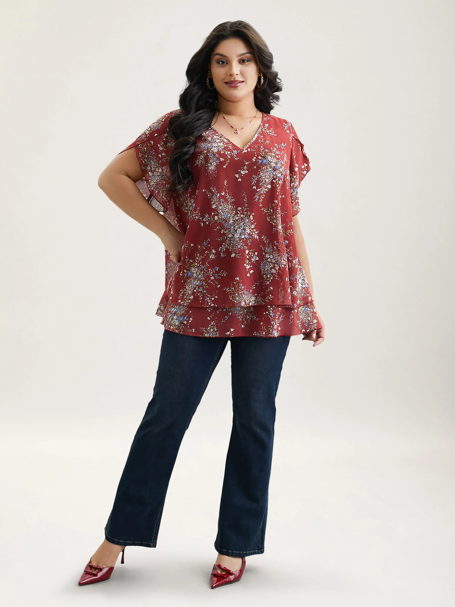 Floral Print Petal Sleeve Layered Blouse - Image 2