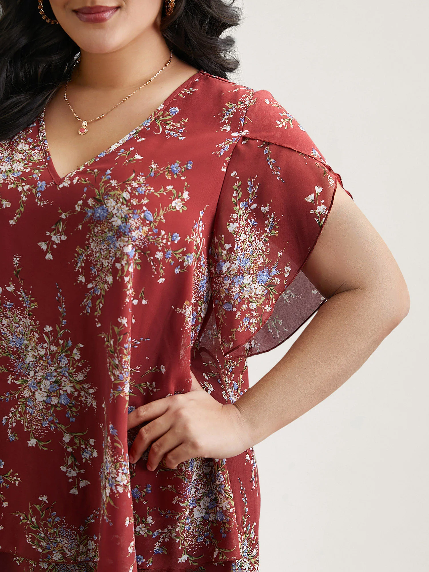 Floral Print Petal Sleeve Layered Blouse - Image 3
