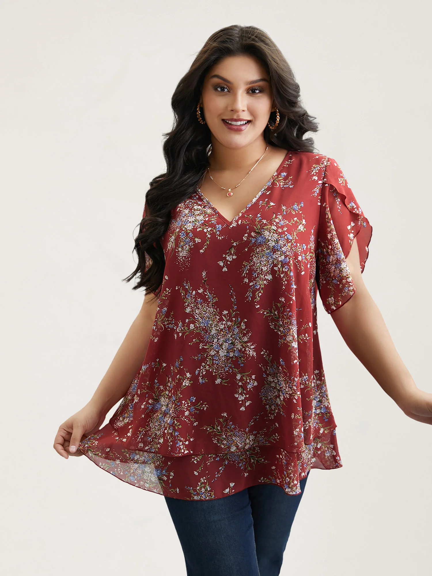 Floral Print Petal Sleeve Layered Blouse - Image 4