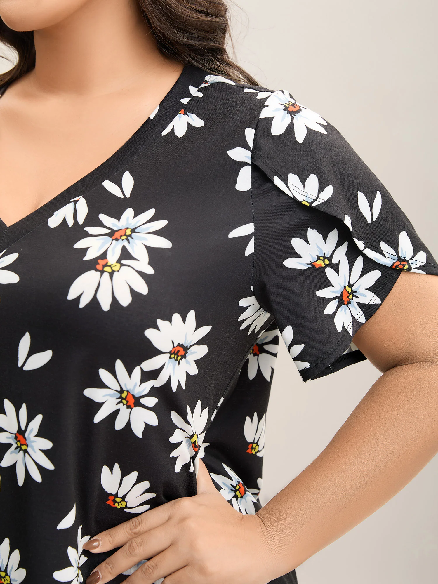 Floral Print Petal Sleeve Plain Knit Top - Image 2