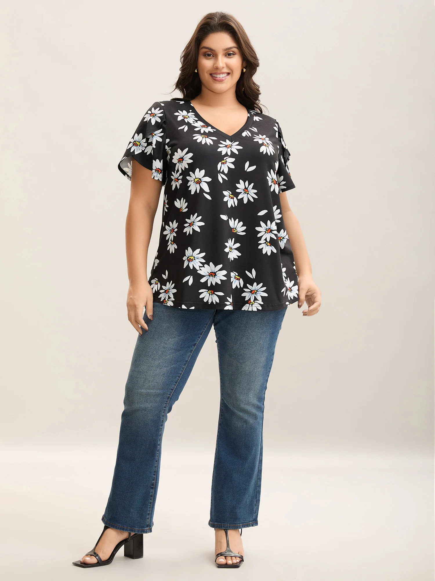Floral Print Petal Sleeve Plain Knit Top - Image 3