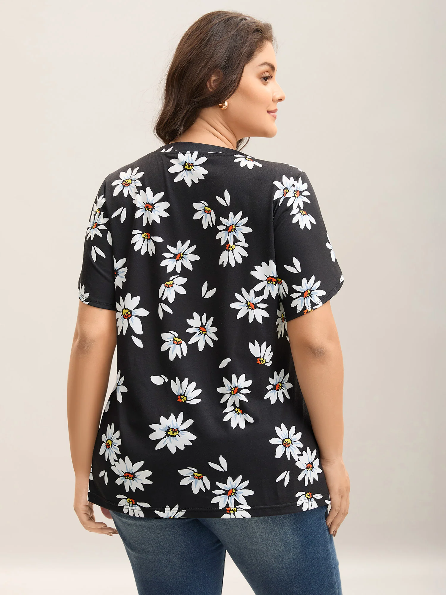 Floral Print Petal Sleeve Plain Knit Top - Image 4