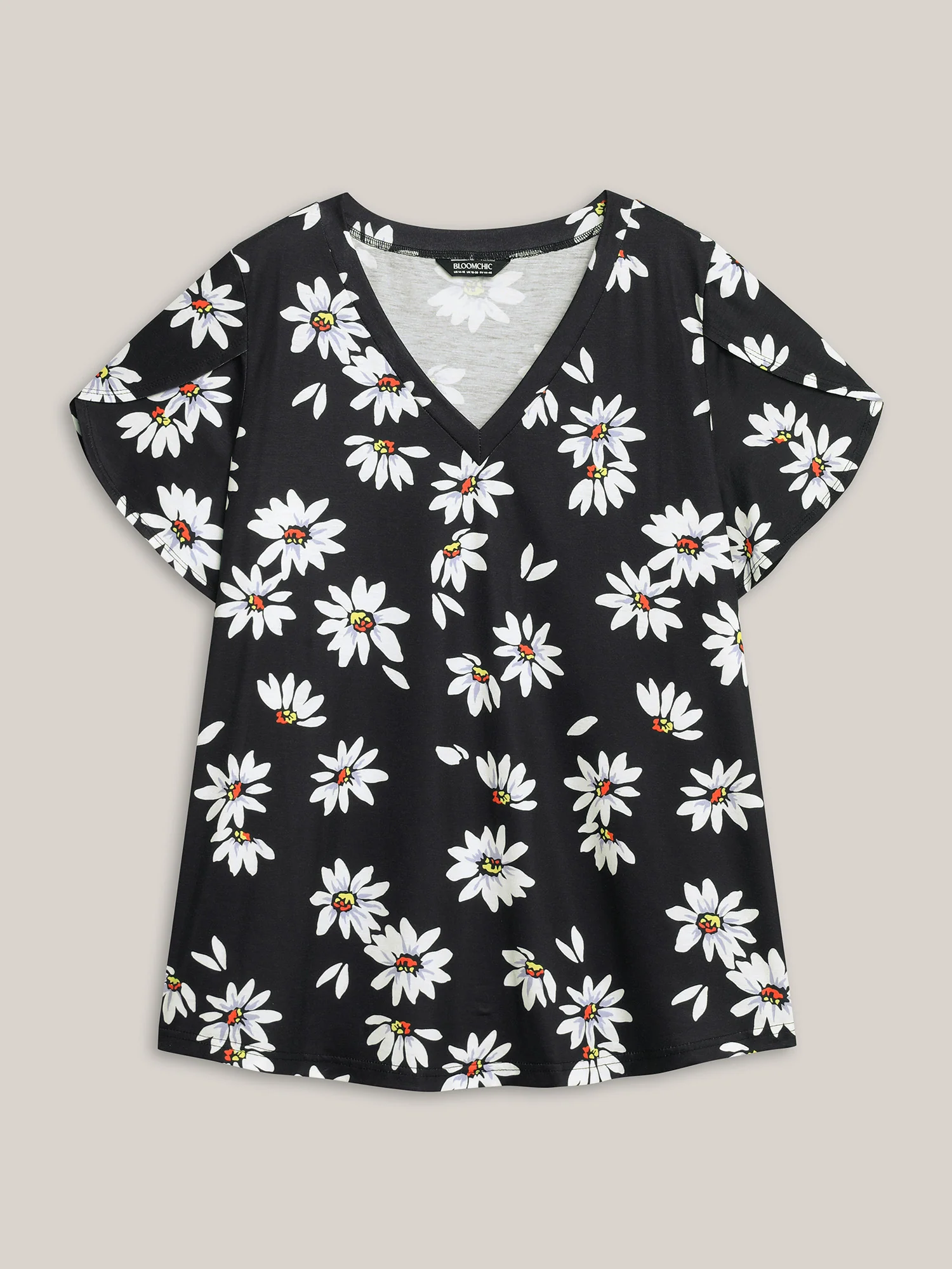 Floral Print Petal Sleeve Plain Knit Top - Image 7