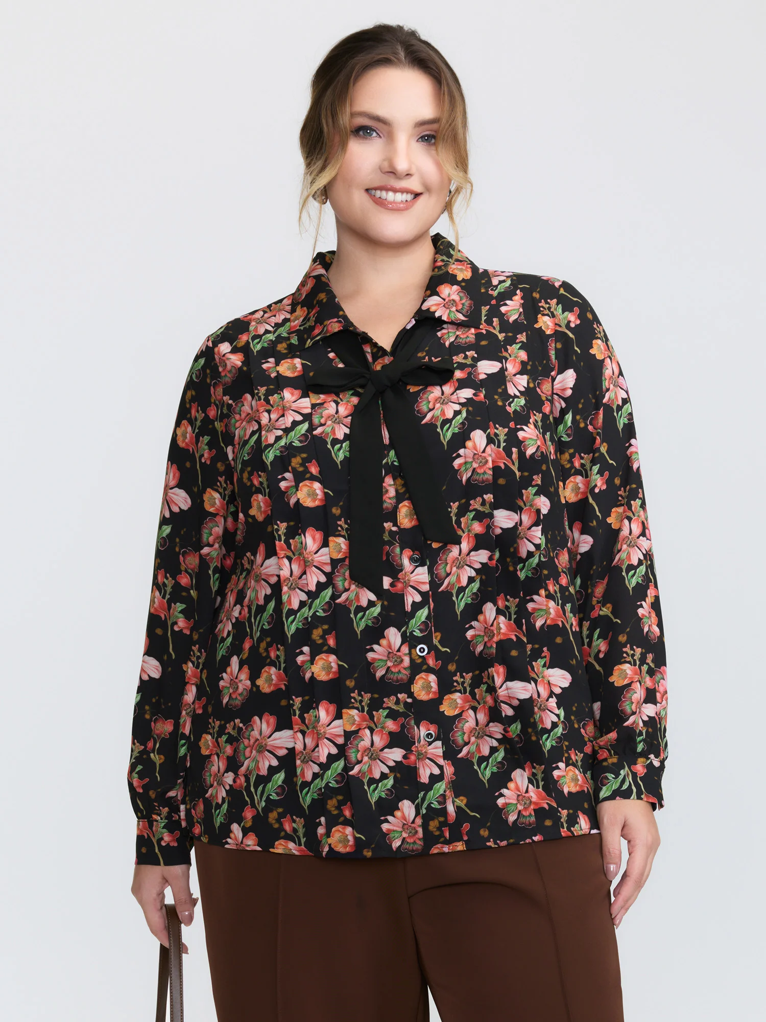 Floral Print Pleated Bow Button-Down Shirt