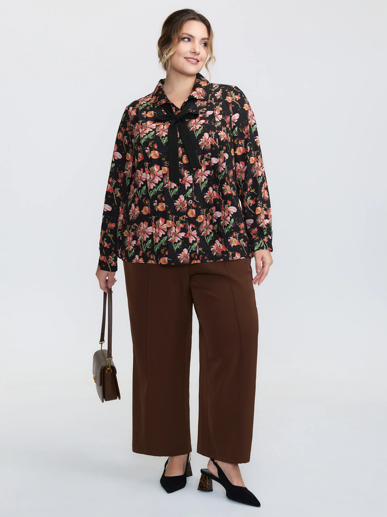 Floral Print Pleated Bow Button-Down Shirt - Image 3