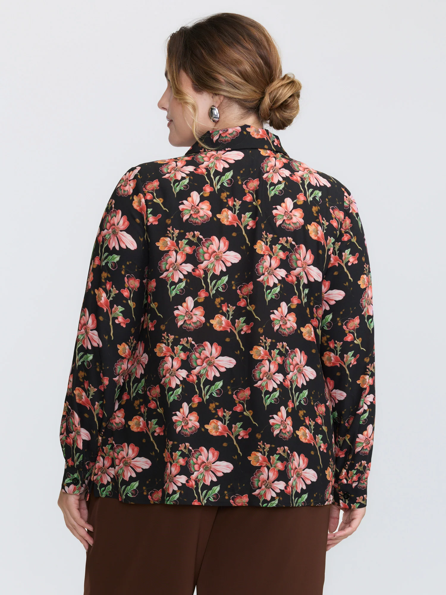 Floral Print Pleated Bow Button-Down Shirt - Image 4