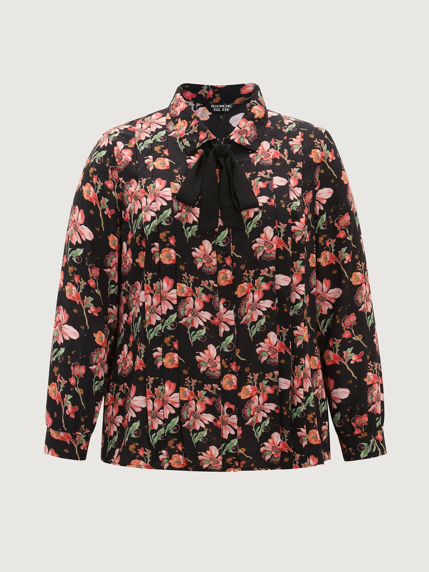 Floral Print Pleated Bow Button-Down Shirt - Image 7