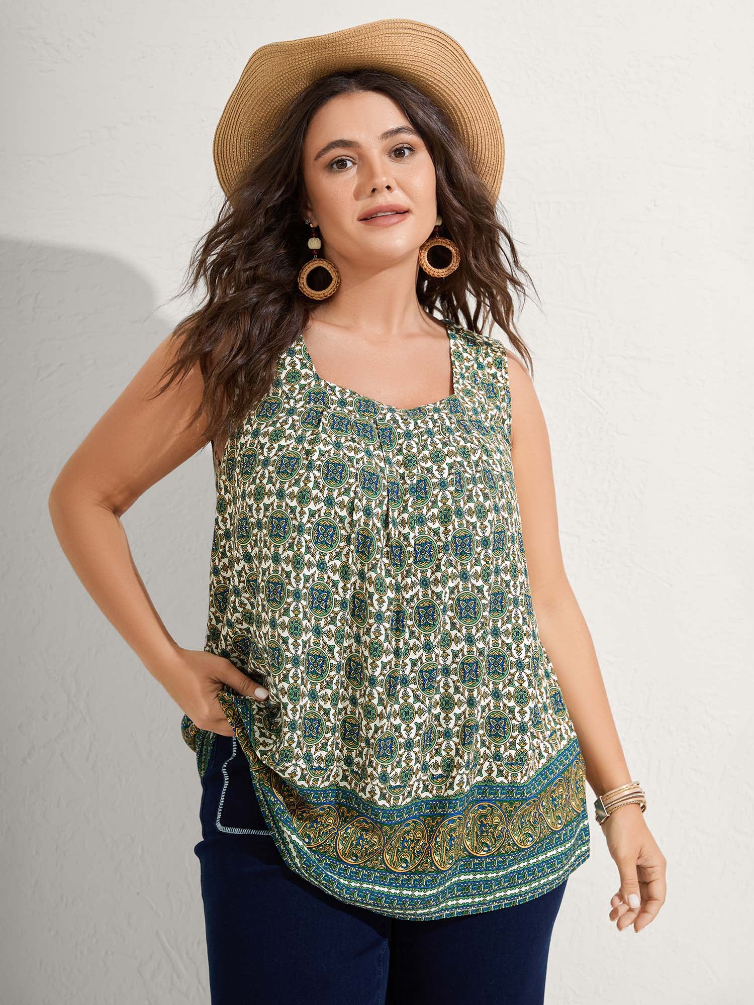 Floral Print Pleated Neckline Tank Top - Image 4