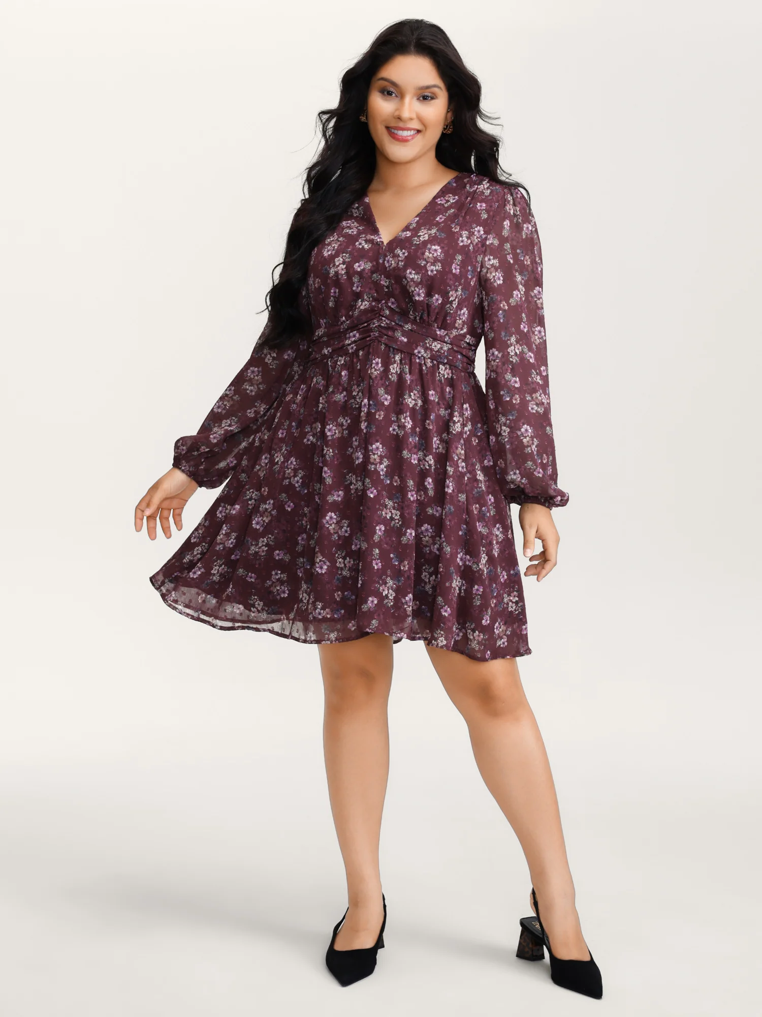 Floral Print Pleated Waist Mini Dress - Image 3