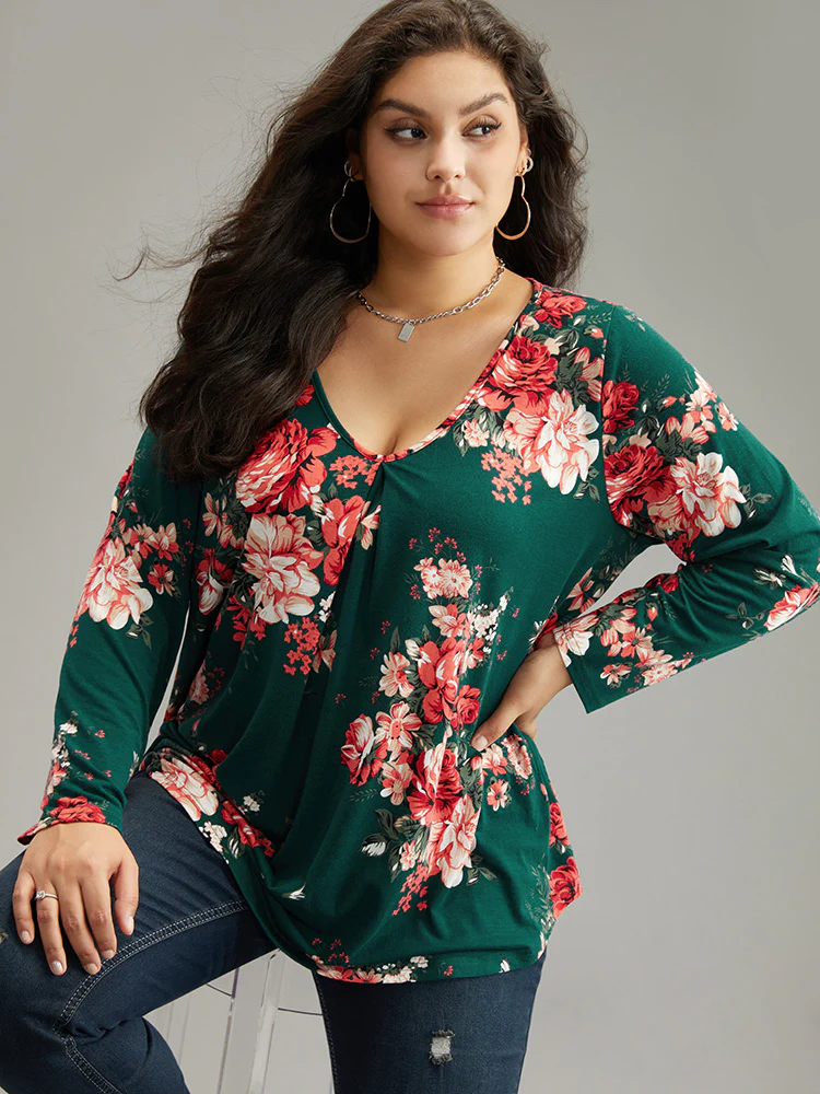 Floral Print Plicated Detail Flutter T-shirt - Image 2