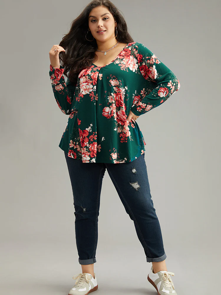 Floral Print Plicated Detail Flutter T-shirt - Image 4