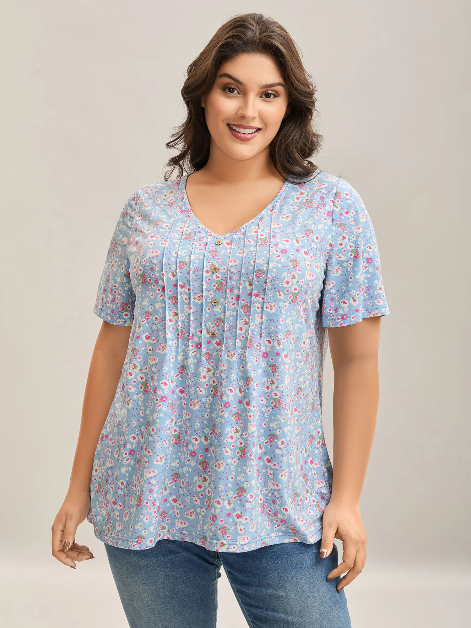 Floral Print Plicated Detail T-Shirt - Image 5