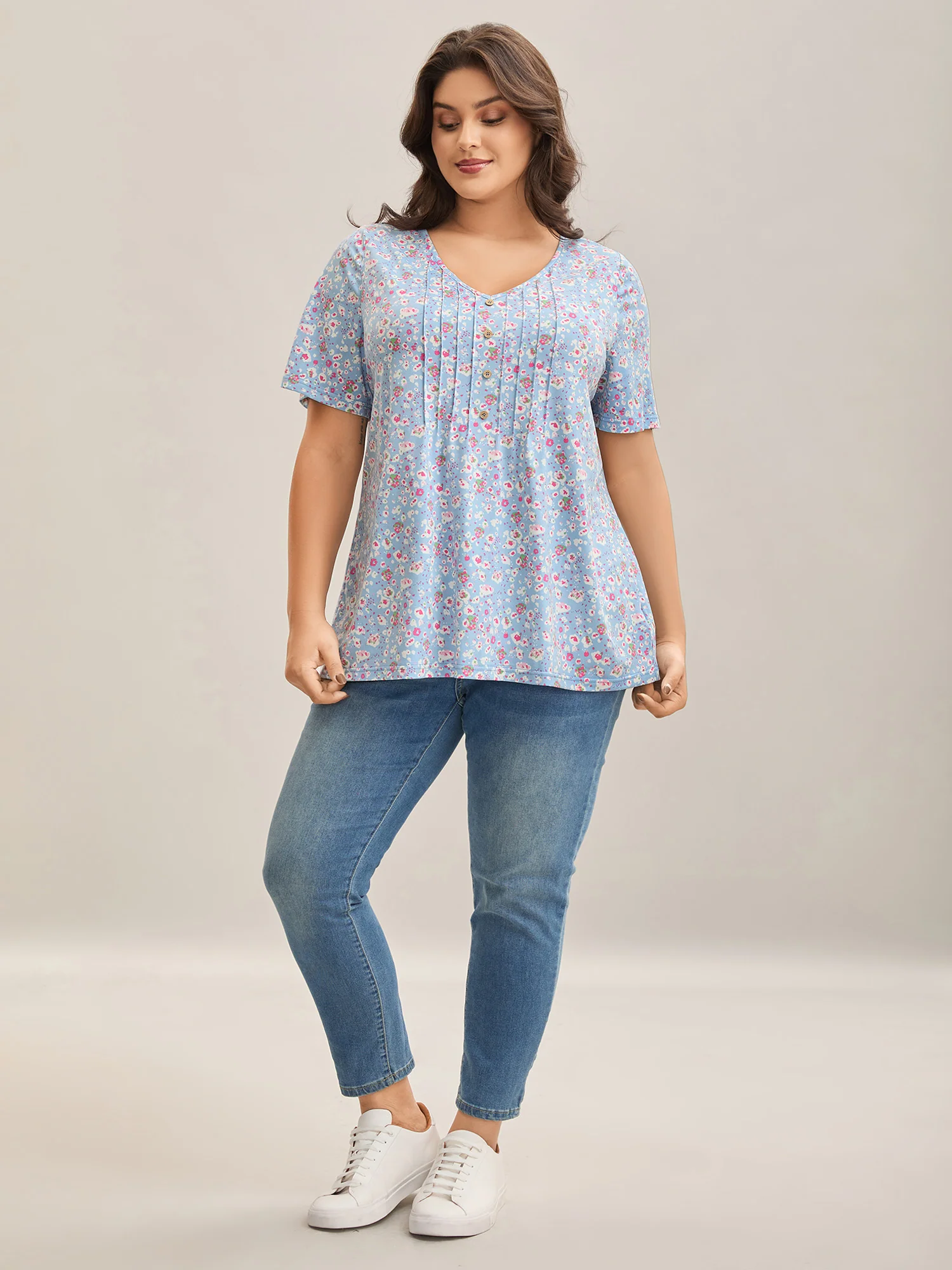 Floral Print Plicated Detail T-Shirt - Image 7