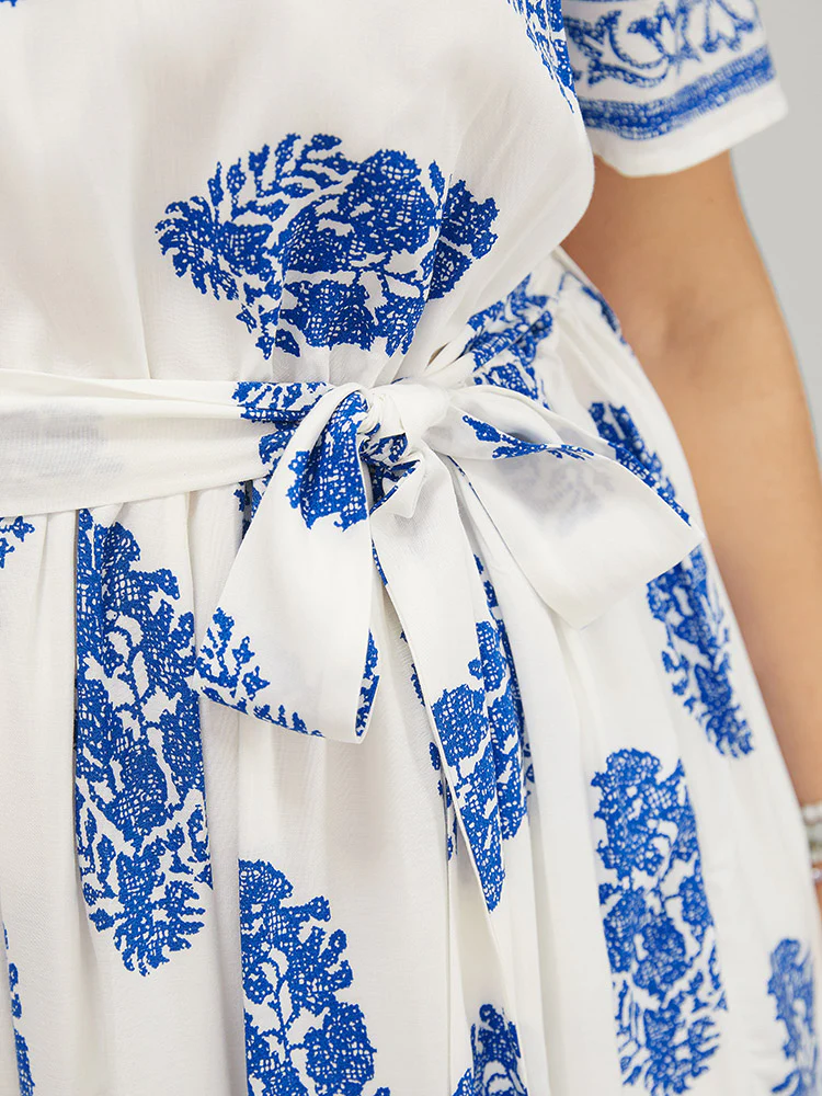 Floral Print Pocket Belted Ruffle Hem Knee Dress - Image 10