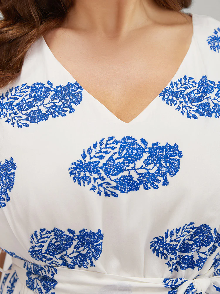 Floral Print Pocket Belted Ruffle Hem Knee Dress - Image 11