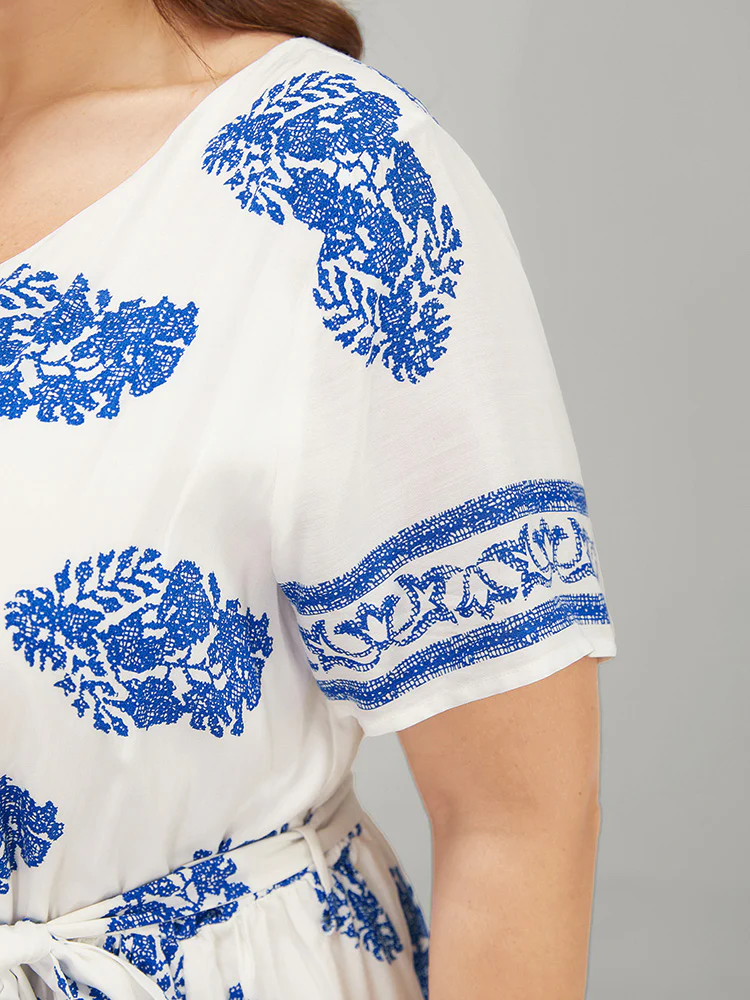 Floral Print Pocket Belted Ruffle Hem Knee Dress - Image 12