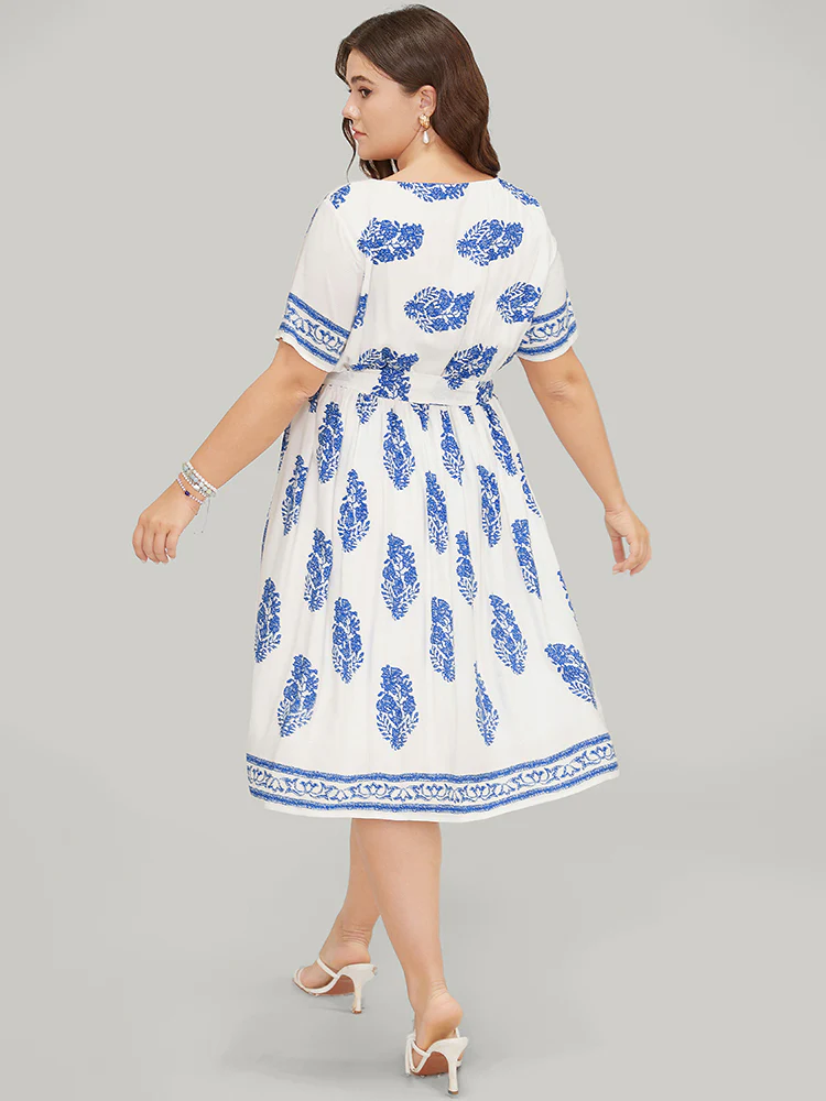 Floral Print Pocket Belted Ruffle Hem Knee Dress - Image 2