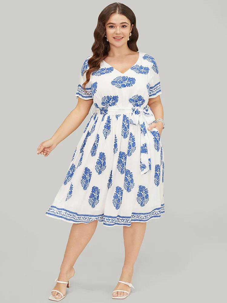 Floral Print Pocket Belted Ruffle Hem Knee Dress - Image 3