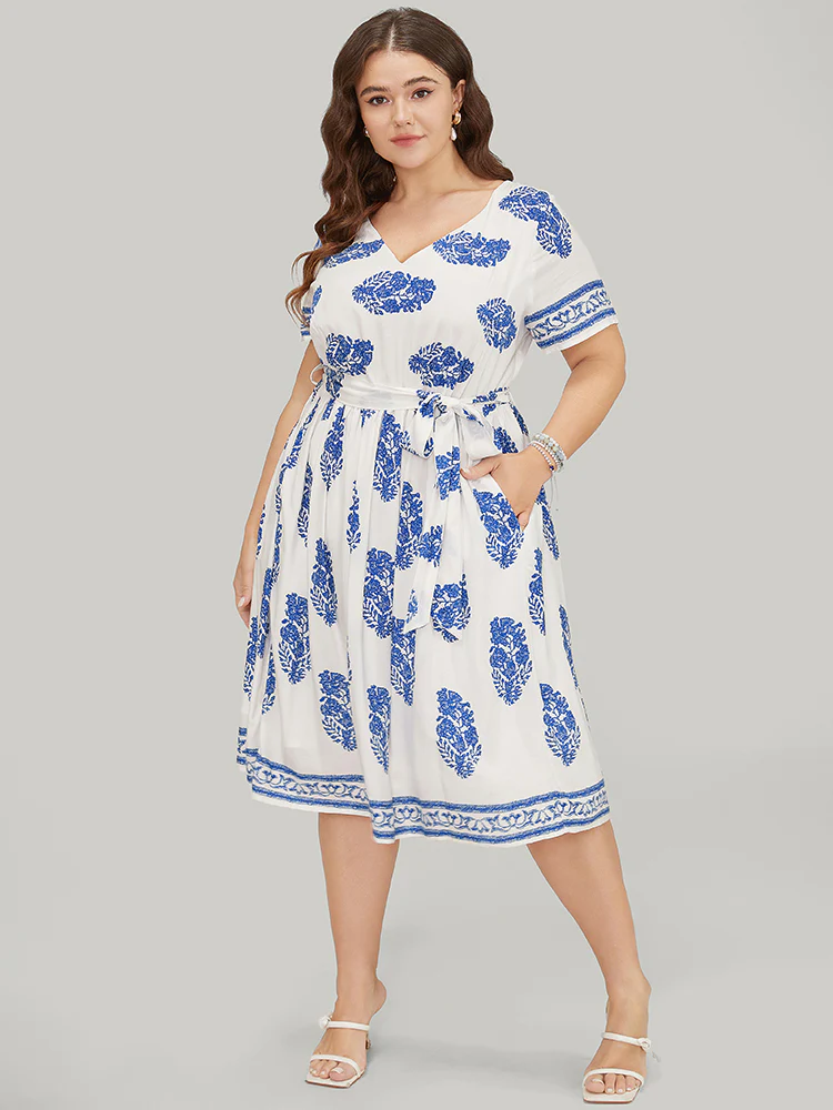 Floral Print Pocket Belted Ruffle Hem Knee Dress - Image 4