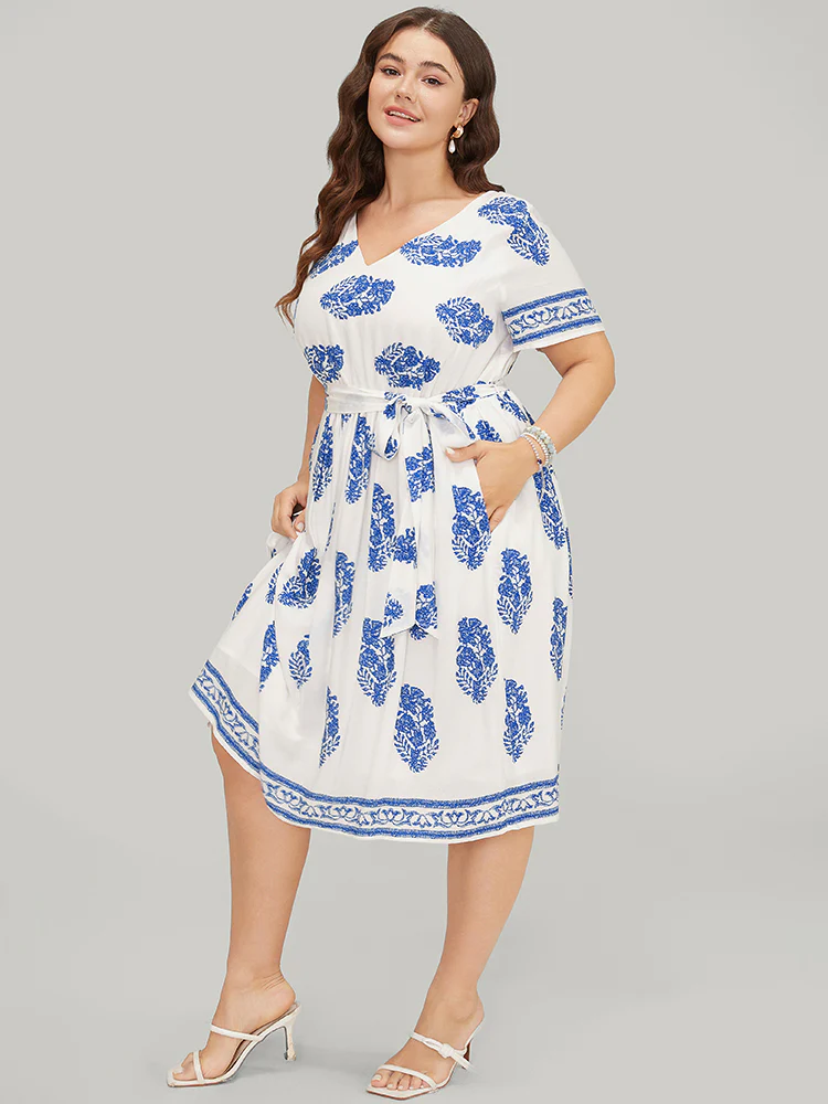Floral Print Pocket Belted Ruffle Hem Knee Dress - Image 5