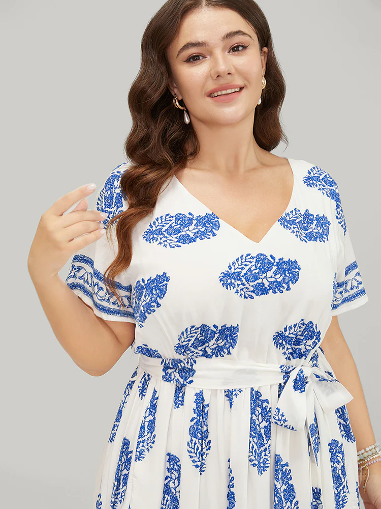 Floral Print Pocket Belted Ruffle Hem Knee Dress - Image 6
