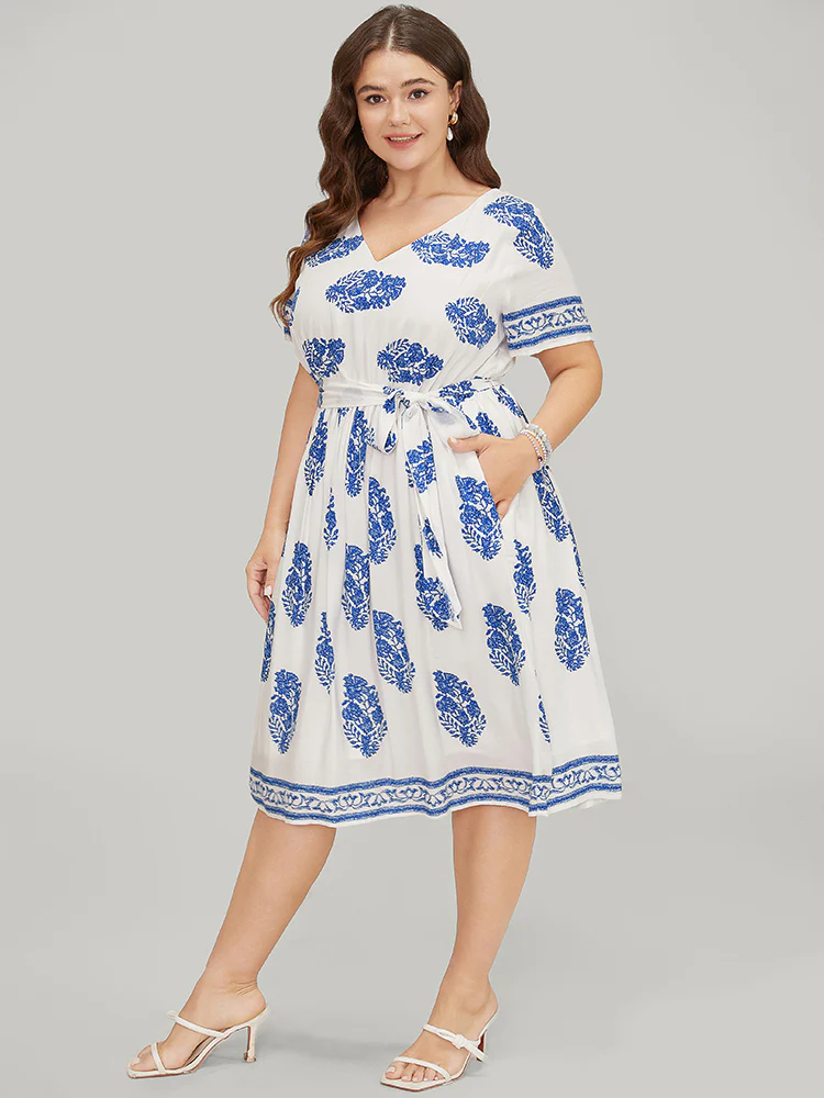 Floral Print Pocket Belted Ruffle Hem Knee Dress - Image 7