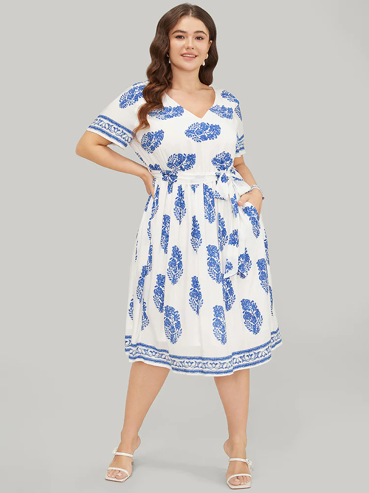 Floral Print Pocket Belted Ruffle Hem Knee Dress - Image 8