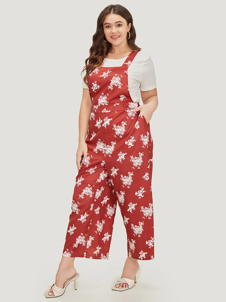 Floral Print Pocket Crossover Back Overall Jumpsuit - Image 3