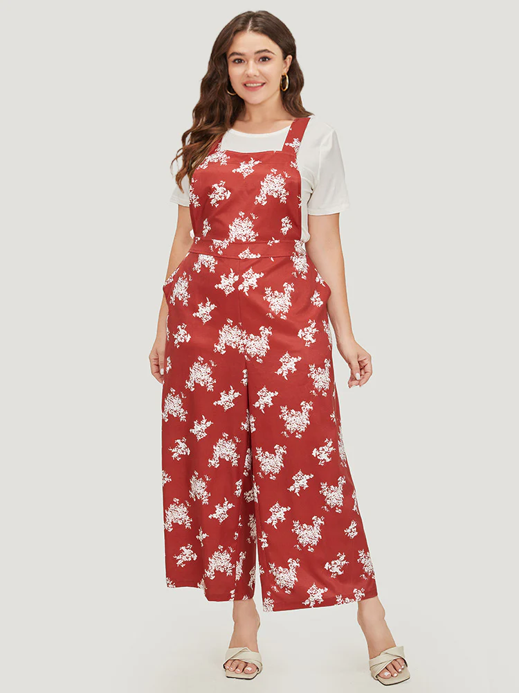 Floral Print Pocket Crossover Back Overall Jumpsuit - Image 4
