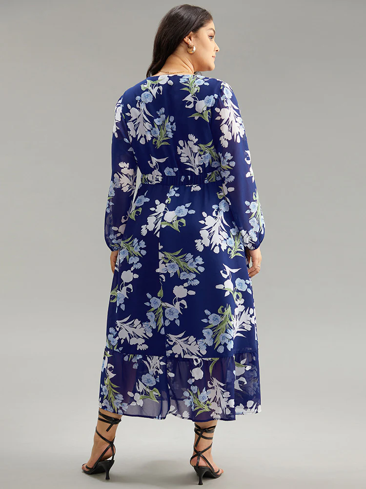 Floral Print Chiffon Pocket Elastic Waist Gathered Dress - Image 2