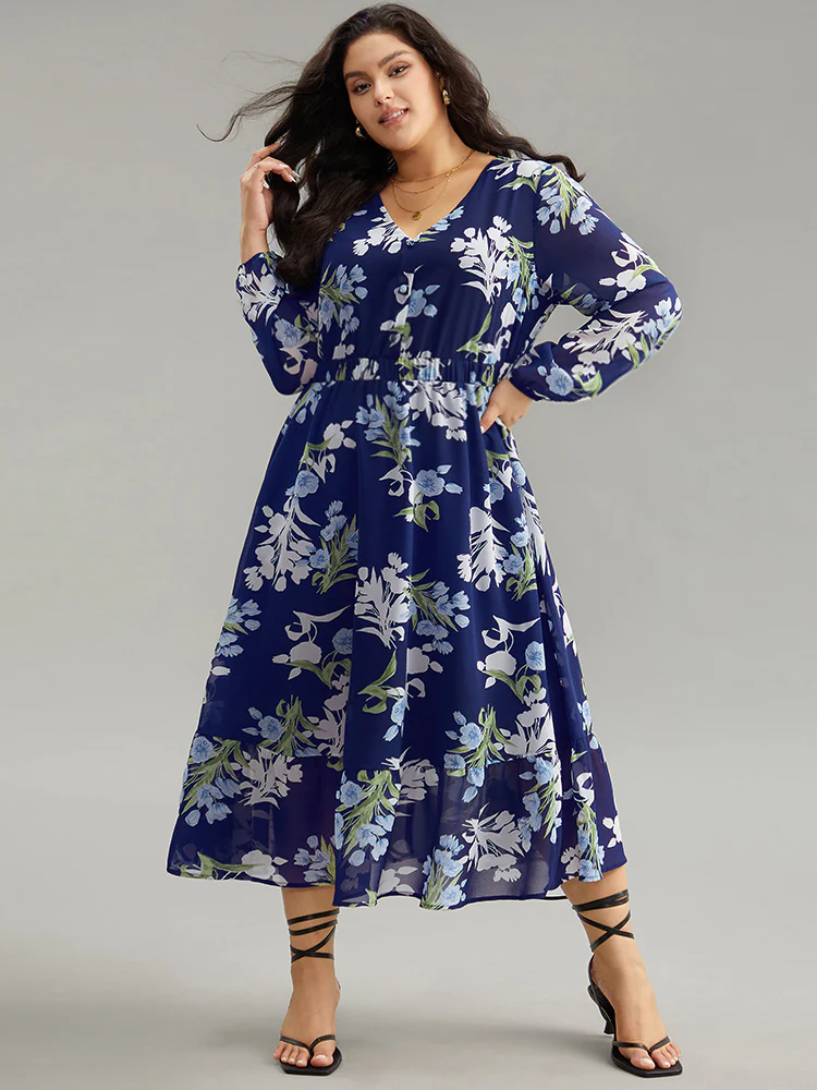 Floral Print Chiffon Pocket Elastic Waist Gathered Dress - Image 3