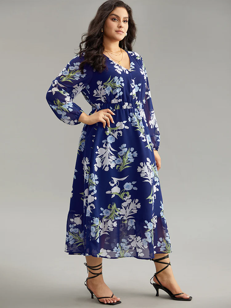 Floral Print Chiffon Pocket Elastic Waist Gathered Dress - Image 4