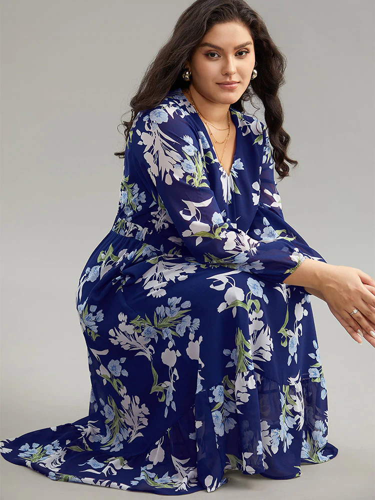 Floral Print Chiffon Pocket Elastic Waist Gathered Dress - Image 5