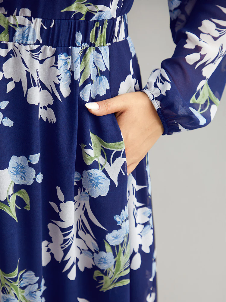 Floral Print Chiffon Pocket Elastic Waist Gathered Dress - Image 7