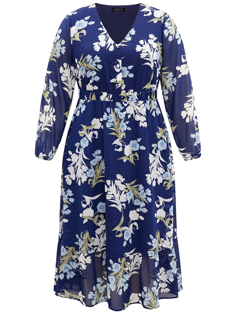 Floral Print Chiffon Pocket Elastic Waist Gathered Dress - Image 8