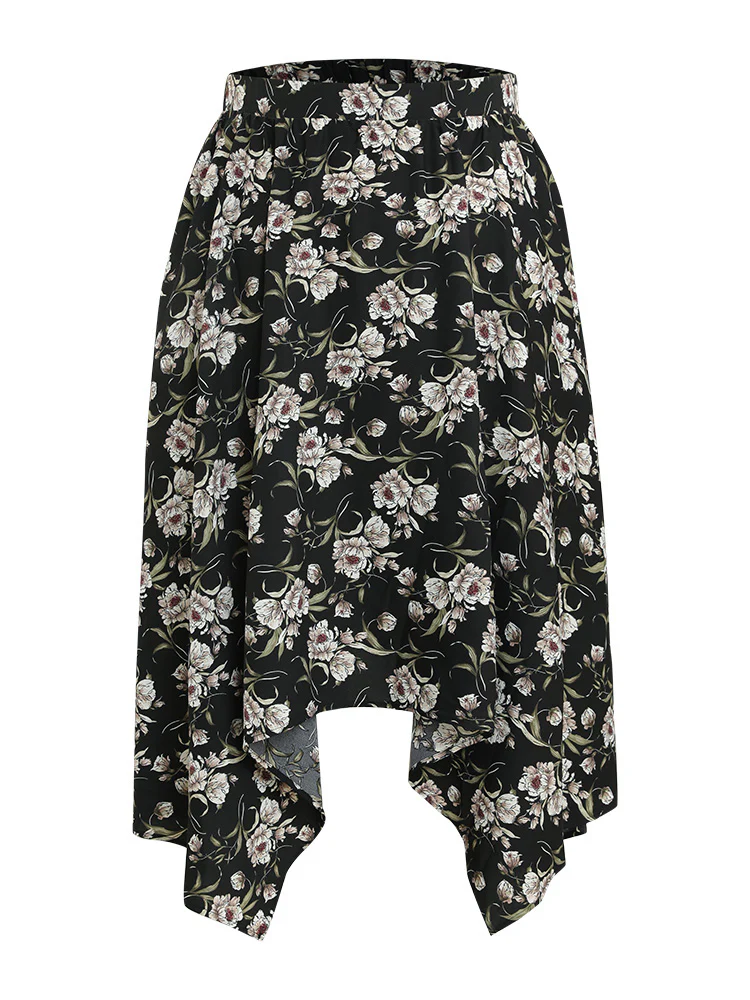 Floral Print Pocket Elastic Waist Hanky Hem Skirt - Image 11