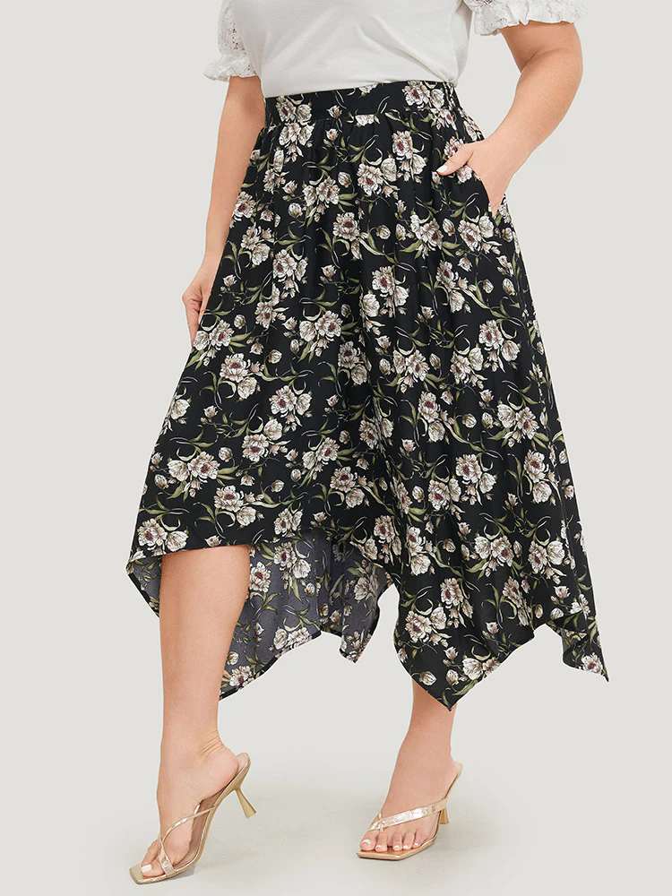 Floral Print Pocket Elastic Waist Hanky Hem Skirt - Image 2