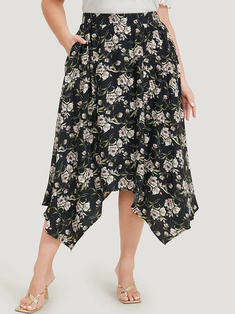 Floral Print Pocket Elastic Waist Hanky Hem Skirt - Image 3
