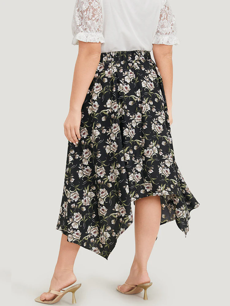 Floral Print Pocket Elastic Waist Hanky Hem Skirt - Image 4