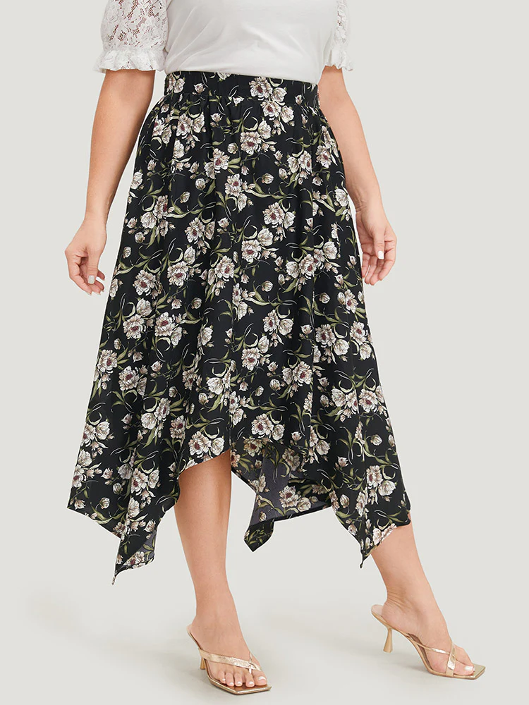 Floral Print Pocket Elastic Waist Hanky Hem Skirt - Image 5