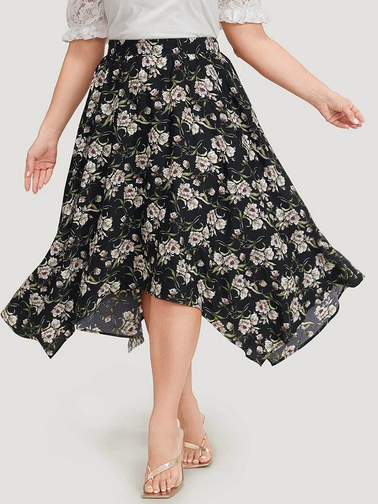 Floral Print Pocket Elastic Waist Hanky Hem Skirt - Image 6