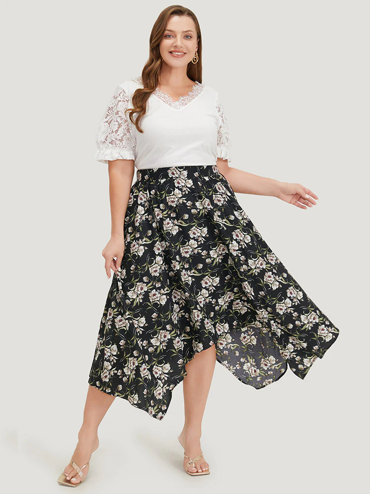 Floral Print Pocket Elastic Waist Hanky Hem Skirt - Image 7