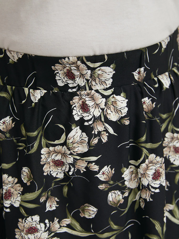 Floral Print Pocket Elastic Waist Hanky Hem Skirt - Image 8