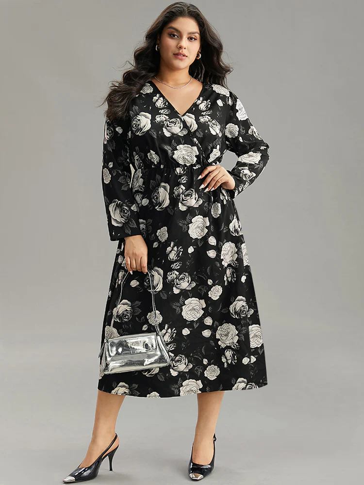 Floral Print Pocket Elastic Waist Wrap Dress - Image 3