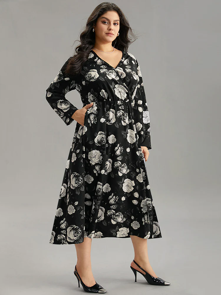 Floral Print Pocket Elastic Waist Wrap Dress - Image 5